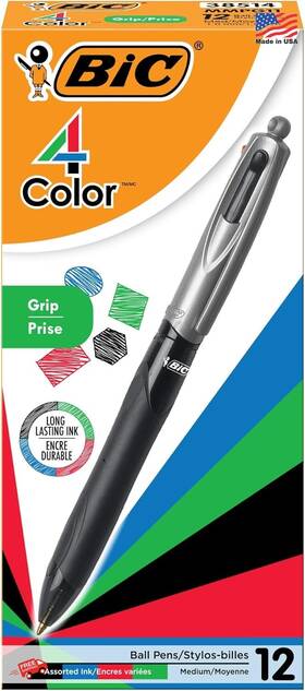 Bic 070330385146 4 Color Grip Retractable Ballpoint Pen 1.0mm Medium Point 12 Pack