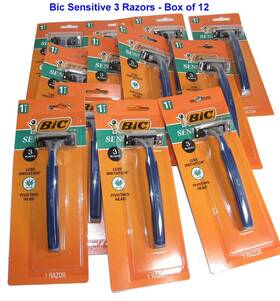 Bic 070330751026 12 Sensitive 3 Razors Aloe/vitamin E Lubricating Strip Pivoting Head New
