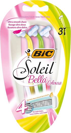 942807 Bic Soleil Bella Colours 4-blade Lady Razors - Pack Of 3 Spring Mounted Blades