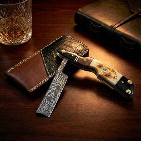 Sm151 Dessi Damascus Steel Straight Edge Razor Barber Salon Shaving Wet Shave Real Leathe