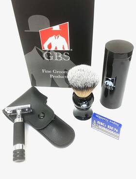 55253 G.b.s Travel Shaving Kit Black Brush Safety Leather Case 10 Blades Beard Care Set