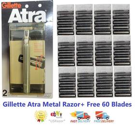 Gillette 100% Genuine Or Authentic Made In Usa 047400111105 60 Atra Razor Blades Original Metal Handle Non Lubricant Cartridges