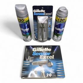 21458156 Gillette Bundle Sensor Excel Shaver 20 Cartridges 2 Bottles Shaving Gel