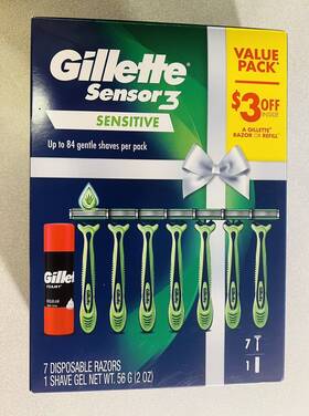 3065a174w0 Gillette Sensor 3 Sensitive Gift Pack 7 Disposable Blade Razors And Shave Foam
