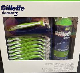 91770454 Gillette Sensor 3 Gift Box 8 Disposable Razors 1 Sensitive Shave Gel 7oz