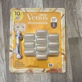 21189893 Gillette Venus Moistureglide Razor 5 Blades Metal Handle 10 Cartridges