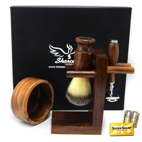 Industries 744110061727 Safety Razor Shaving Kit Double Edge Blades Hair Brush Wood Handl