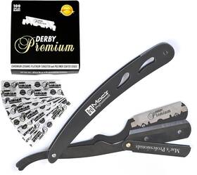 Macs Professional 619988973536 Barber Straight Edge Razor Safety With 100-pack Derby Blades - 100 Black
