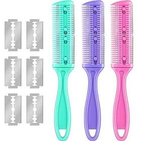Maitys 733424185090 3 Pieces Hair Cutting Comb Set With 10 Razors Double Edge Green Purple Pink