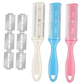 Maitys 797805834809 3 Pieces Hair Cutting Comb Set With 10 Razors Double White Pink Blue
