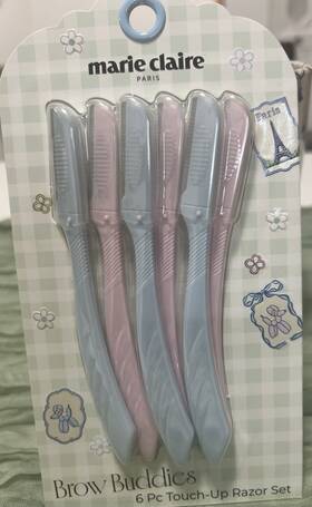 1252025 Marie Claire Brow Buddies 6 Pc Eyebrow Razor Set Blue Pink Safety Cap