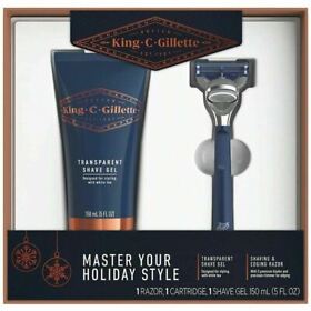 91007388 New King C Gillette Navy Razor And Transparent Shave Gel Holiday Gift Set