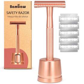 Js00059 Nobrand Double Edge Safety Razor With Stand 5 Blades Plastic Free Metal Rose Gold