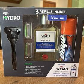 Schick 841058004998 Hydro Sensitive Razor Gift Bundle 2 Refills Cremo Body Wash Shave Gel