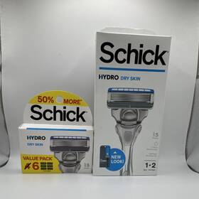 93043036 Schick Hydro Dry Skin Cartridge Razor 5-blade Silver/blue Mens With 2 Cartridges