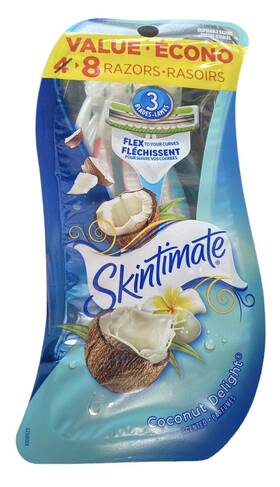 Skintimate 841058046233 Disposable Razors 3 Blades Coconut Delight Scented Value 8 Pk