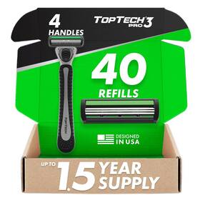 Toptech Global 744110654325 Pro 3 Razors For Men - Manual Shaving And Refills 44 Count Pack 4 Handle