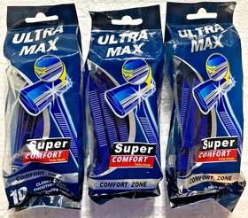 Ultra Max 088168100336 3 Pack Of 10 Ct Twin Blade Disposable Razors Super Comfort New