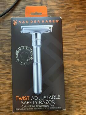 401232 Van Der Hagen Twist Adjustable Safety Razor Siver 5 Blades Shave Butter Sample
