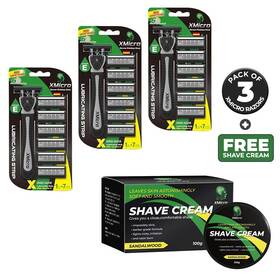 Xmicro 711709001099 Black Razors 3 Pack With 7 Blade Refills And Free Shaving Cream