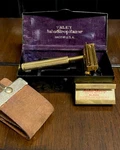 Antique Gold Valet Autostrop Razor Metal Case W/single Blade & Leather. Fixed Price $28.00.