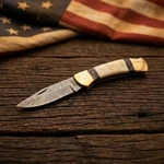 Damascus Shard Folding Knife Lockback Camel Bone Buffalo Horn Handle 3.75" Blade. Fixed Price $29.50.