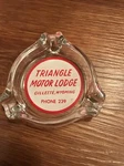 Vintage Motel Ashtray Triangle Motor Lodge Gillette Wyoming Glass Memorabilia. Fixed Price $15.00.