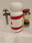 Vintage Ceramic Barber Pole Shaving Caddy With Brush And Razor Blade Bank. Fixed Price $49.99.