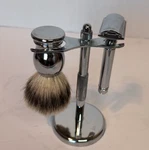 3 Piece Shaving Brush & Safety Razor Stand Set Pre-owned, Very Nice Condition.. Fixed Price $19.95.