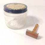 Vintage Gillette Gold Tone Safety Razor 1930S Burma Shave Jar. Fixed Price $39.98.