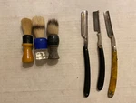 Vintage Barber Shaving Lot 3-BRUSHES / 3-RAZORS K. Cutter, Curleys ,claus *. Fixed Price $58.95.
