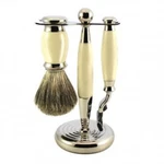 Perma Brands Purebadger 3 Pc. Razor Set Shaving Horn, Brush & Stand -cream. Fixed Price $110.00.