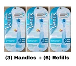 Gillette Venus Smooth Razor - Set Of (3) Handles + (6) Refill Cartridges. Fixed Price $21.99.