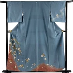 Japanese Silk Kimono 157CM Bluish Gray Yamato Cherry Blossom Flower Petal 4909. Fixed Price $502.00.