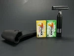 Shaving Safety Razor Steel Heavy Duty Short Handled Black + 10 Blades Gillette. Fixed Price $24.99.