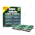 Gillette Vector Plus Prevents Cuts, Nicks & Missed Spots (6 Cartridges) With Fs. Fixed Price $10.25.