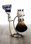 Ivory Color 3 Piece Men's Shaving Set. Badger Hair Brush, 5 Blade Razor & Stand. Fixed Price $79.99.