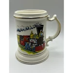 Vintage Ceramic Mustache Cup Train Steam Locomotive Graphic Gold Trim Cream Mug. Fixed Price $12.00.
