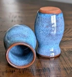 Miniature Studio Pottery Vases Blue Drip Glaze, Handmade Terracotta Clay Pair. Fixed Price $14.00.