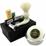 Pure White Badger Hair Shaving Brush And De Safety Razor Kit. Fixed Price $56.99.