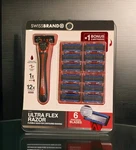Swiss Brand Ultra Flex 6-BLADE Razor + 12 Cartridges W/lubricating Strips New. Fixed Price $29.97.