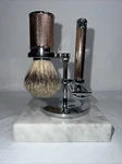 Muhle Rose Gold Safety Razor, Fine Tip Badger Brush & Stand. Fixed Price $349.98.