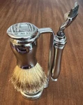 Edwin Jaeger Shaving Set, Brush And Mach 3 Razor, Chrome. Fixed Price $150.00.