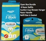 Equate The Ultimate 5 Blade Open Box Bundle - Handle Shower Hanger 8 Refills. Fixed Price $24.99.