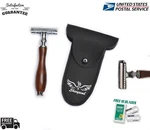 Dark Wood Color Safety Double Edge Razors 10 Free Blades Pouch Travel Kit. Fixed Price $17.18.