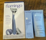Flamingo Pubic Razor 1 Handle + 2 Cartridges Post Shave Serum & Gel 5OZ. Fixed Price $24.99.