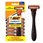 Bic Comfort 3 Refillable Razors Men Handle + 12 Triple Blade Cartridges. Fixed Price $13.49.