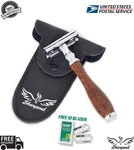 Dark Wood Color Safety Double Edge Razors 10 Free Blades Pouch Travel Kit. Fixed Price $14.39.