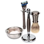 Kingsley, Gun Metal Finish 4 Pc. Shave Set Fusion Razor Stand Bowl Brush & Soap. Fixed Price $69.95.