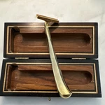 Gold Tone Metal Safety Razor With Wooden Presentation Box, Approx. 6 Inch Length. Fixed Price $15.50.